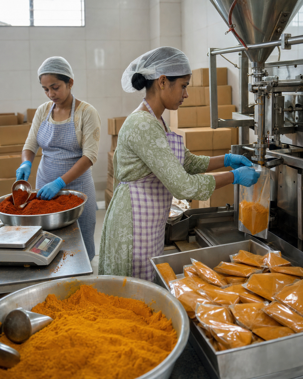 Workers packing turmeric and chilli powder into pouches