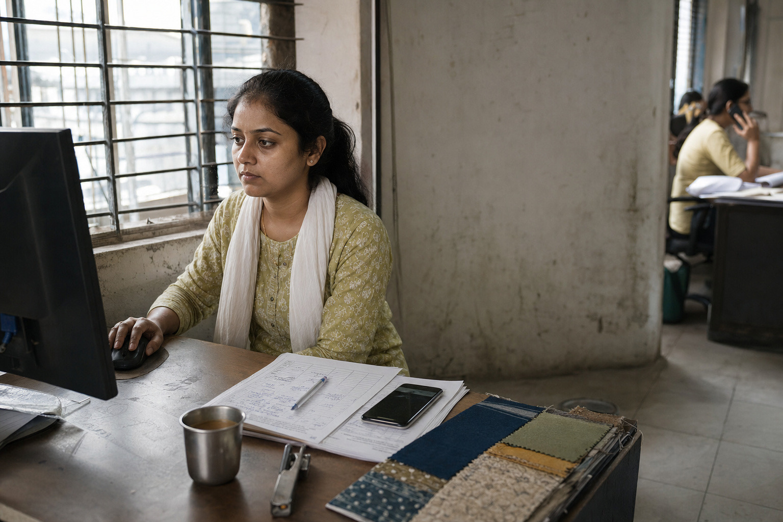 Sales executive at her desk in a textile mill office, answering enquiries